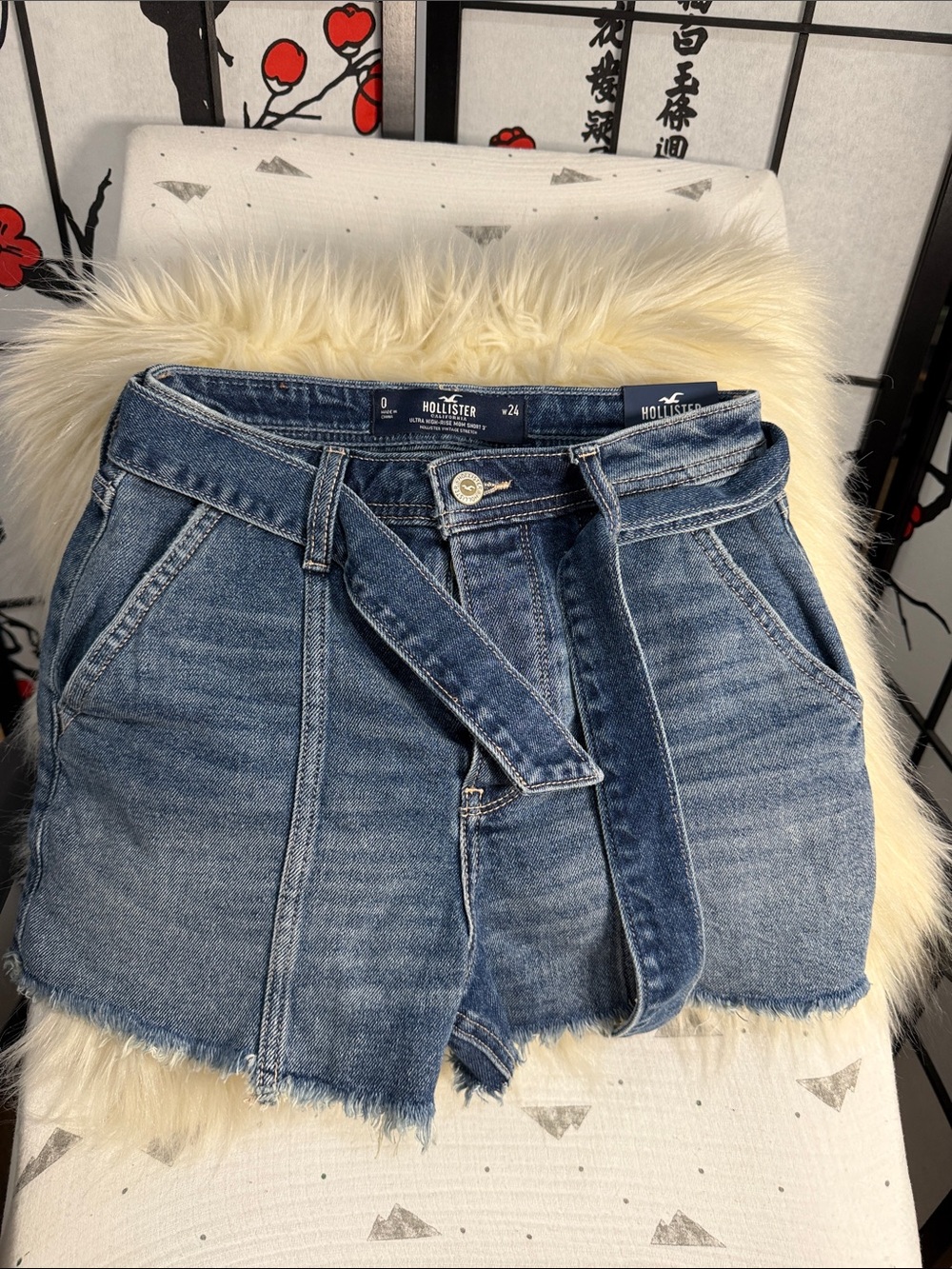 Hollister Medium Wash Denim Paperbag Shorts with Self-Tie Belt